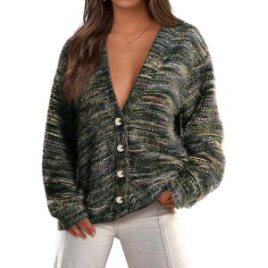 imagePRETTYGARDEN Womens Cardigan Sweaters 2025 Fall Striped Long Sleeve V Neck Button Down Knit Fuzzy Outerwear Trendy ClothesArmy Green