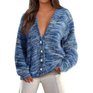 imagePRETTYGARDEN Womens Cardigan Sweaters 2025 Fall Striped Long Sleeve V Neck Button Down Knit Fuzzy Outerwear Trendy ClothesBlue