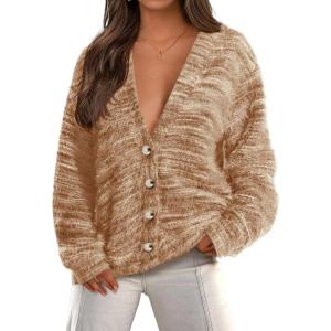 imagePRETTYGARDEN Womens Cardigan Sweaters 2025 Fall Striped Long Sleeve V Neck Button Down Knit Fuzzy Outerwear Trendy ClothesKhaki