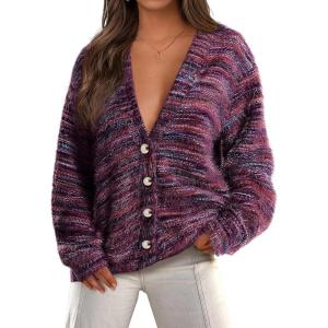 imagePRETTYGARDEN Womens Cardigan Sweaters 2025 Fall Striped Long Sleeve V Neck Button Down Knit Fuzzy Outerwear Trendy ClothesPurple