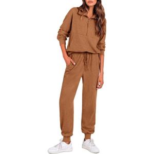 imagePRETTYGARDEN Womens Fall 2 Piece Lounge Sets Zip Up Sweatshirt Jogger Pants Sweat Track Suits Travel Outfit Winter ClothingDark Khaki