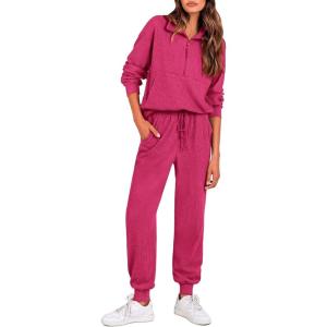 imagePRETTYGARDEN Womens Fall 2 Piece Lounge Sets Zip Up Sweatshirt Jogger Pants Sweat Track Suits Travel Outfit Winter ClothingRose Red