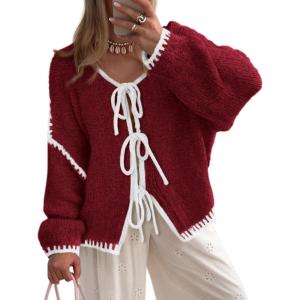 imagePRETTYGARDEN Womens Tie Front Bow Cardigan Sweaters Chunky Knit Long Puff Sleeve Trendy Fall Winter Jacket CoatsWine Red White