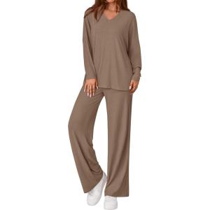 imagePRETTYGARDEN 2 Piece Lounge Sets for Women Fall Outfits 2025 Casual Loose Long Sleeve Tops Wide Leg Pants Matching Pajama SetKhaki