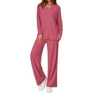 imagePRETTYGARDEN 2 Piece Lounge Sets for Women Fall Outfits 2025 Casual Loose Long Sleeve Tops Wide Leg Pants Matching Pajama SetPink
