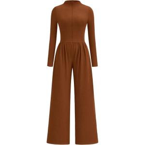 imagePRETTYGARDEN Long Sleeve Jumpsuit for Women Dressy Casual 2025 One Piece Mock Neck Jumpsuits Rompers Fall Outfits Pockets BrownSmall