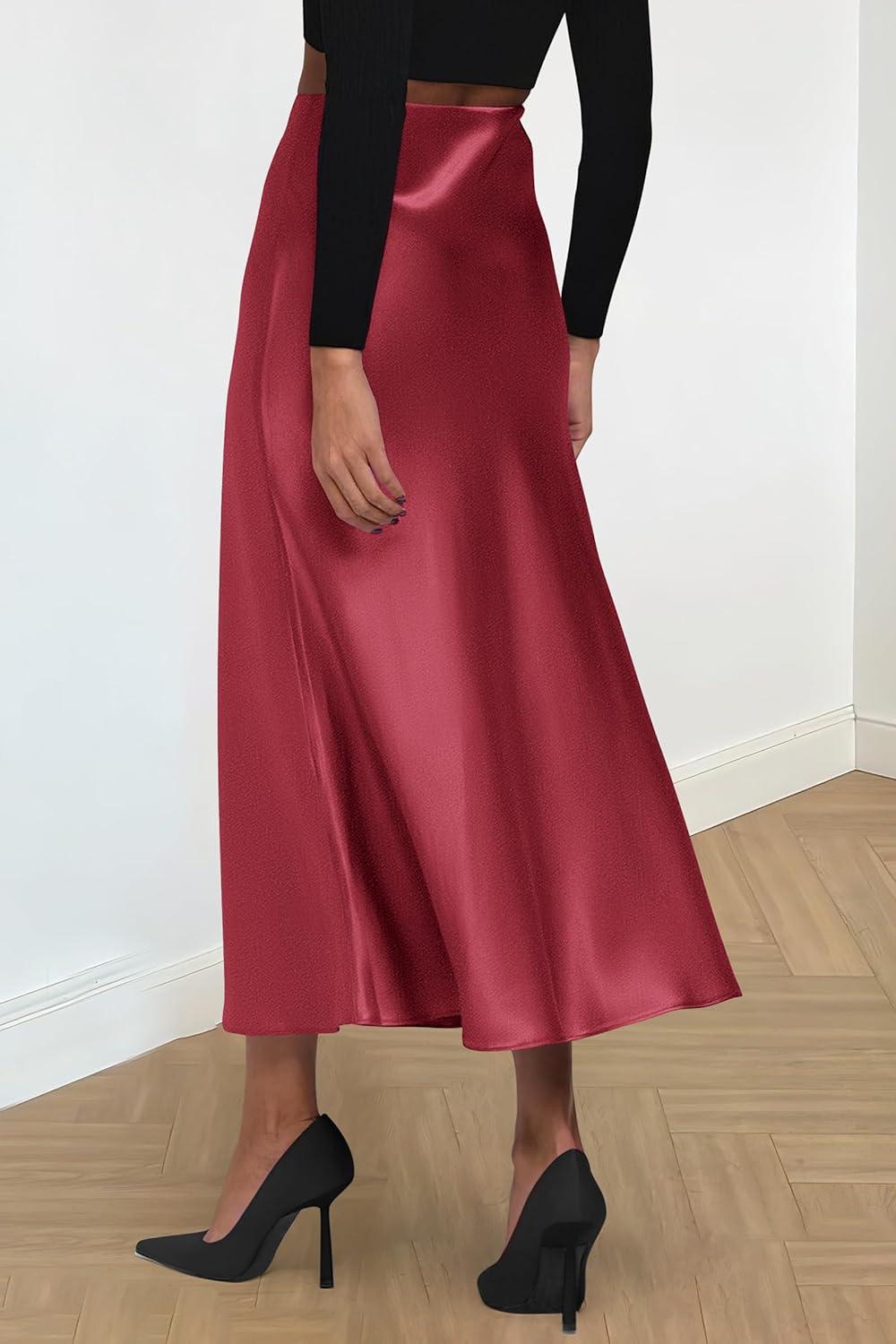 imagePRETTYGARDEN Womens Satin Skirts Dressy Casual 2025 Fall High Waisted Cocktail Wedding Flowy Elegant A Line Midi SkirtBean Paste Pink