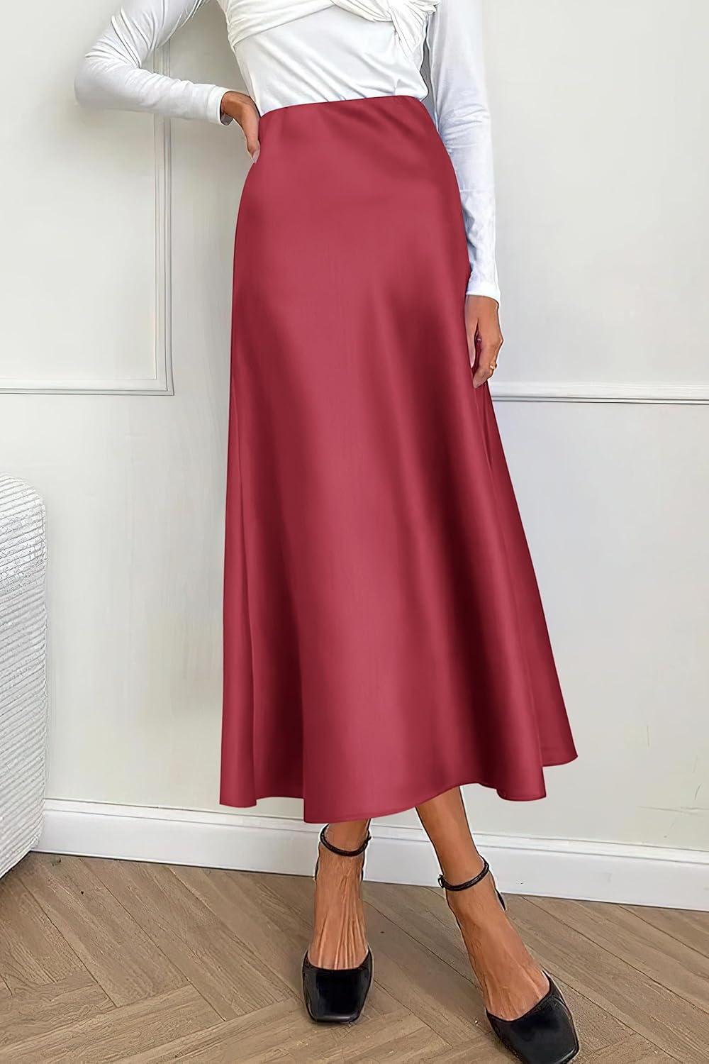 imagePRETTYGARDEN Womens Satin Skirts Dressy Casual 2025 Fall High Waisted Cocktail Wedding Flowy Elegant A Line Midi SkirtBean Paste Pink