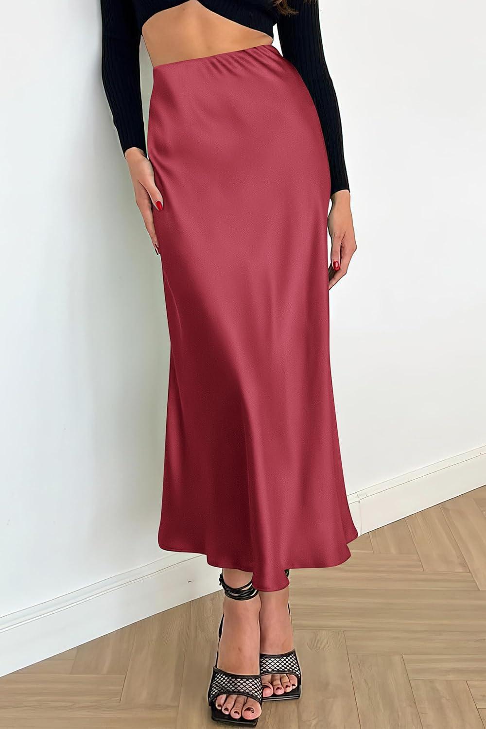 imagePRETTYGARDEN Womens Satin Skirts Dressy Casual 2025 Fall High Waisted Cocktail Wedding Flowy Elegant A Line Midi SkirtBean Paste Pink