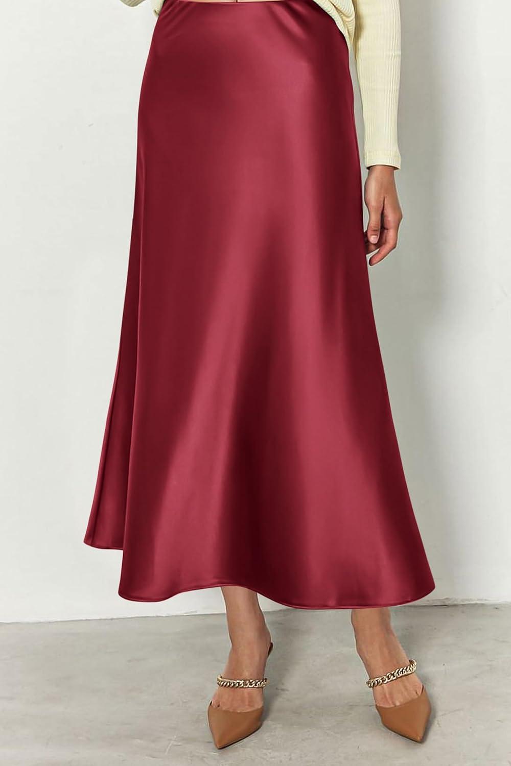 imagePRETTYGARDEN Womens Satin Skirts Dressy Casual 2025 Fall High Waisted Cocktail Wedding Flowy Elegant A Line Midi SkirtBean Paste Pink