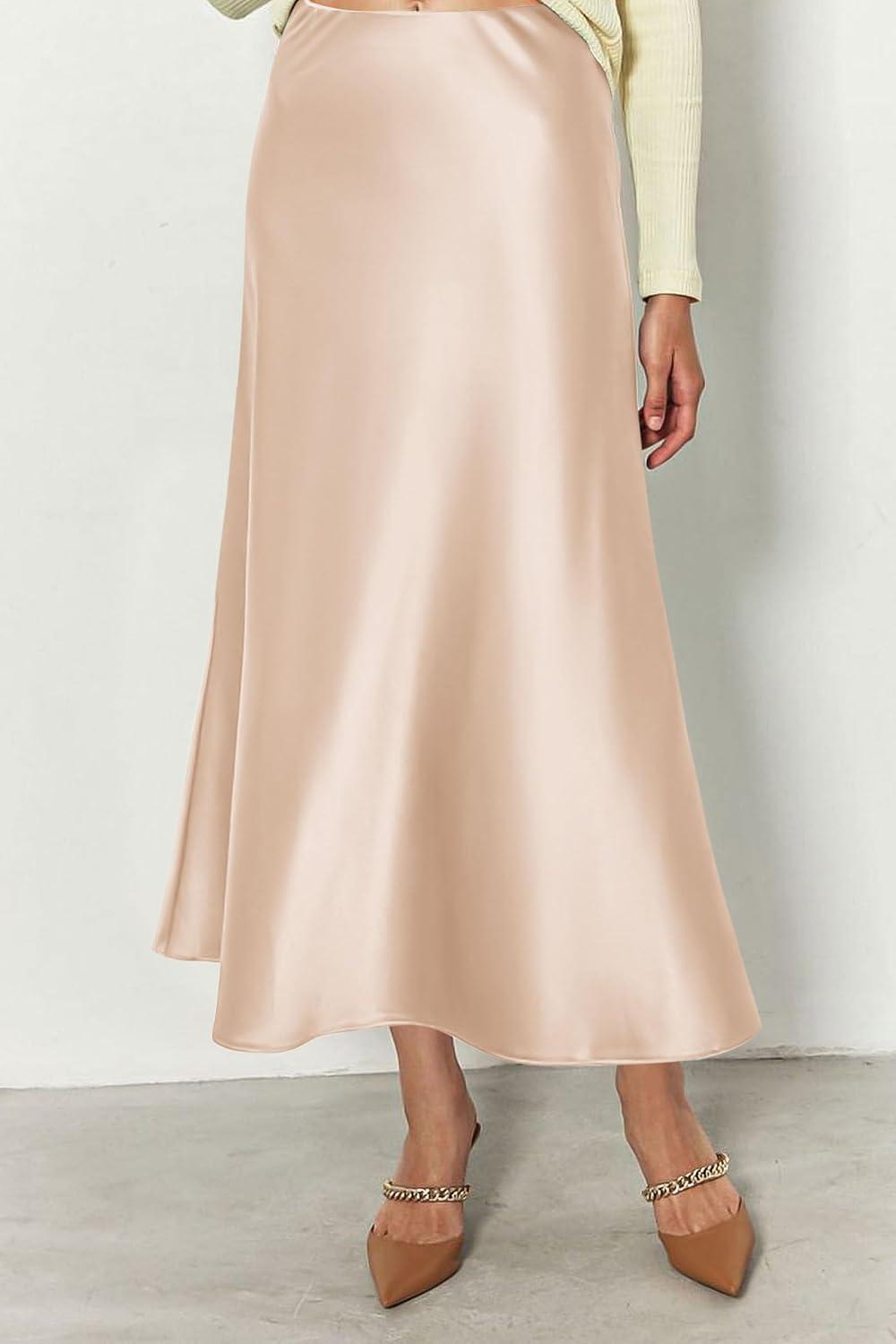 imagePRETTYGARDEN Womens Satin Skirts Dressy Casual 2025 Fall High Waisted Cocktail Wedding Flowy Elegant A Line Midi SkirtBeige