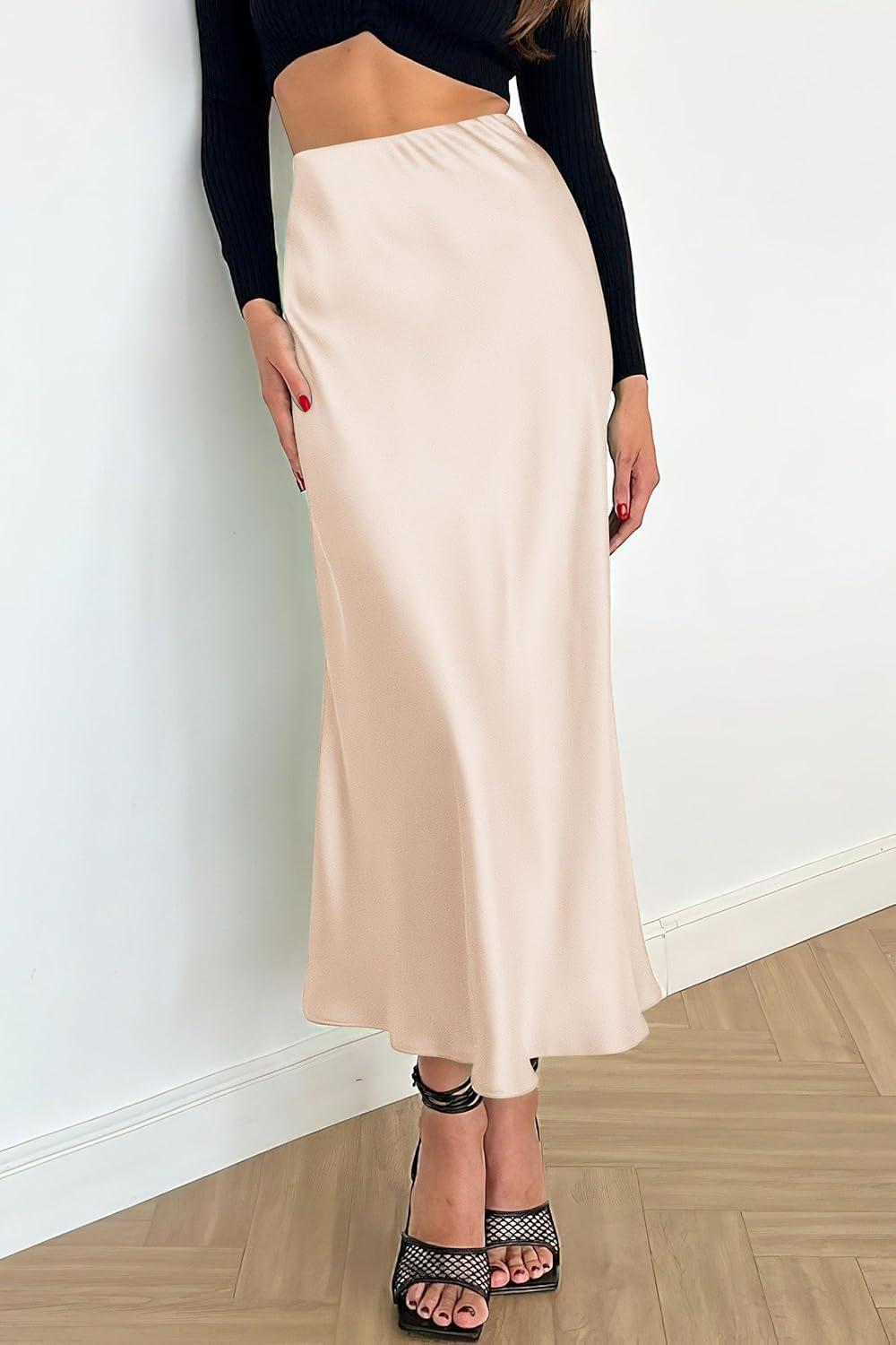 imagePRETTYGARDEN Womens Satin Skirts Dressy Casual 2025 Fall High Waisted Cocktail Wedding Flowy Elegant A Line Midi SkirtBeige