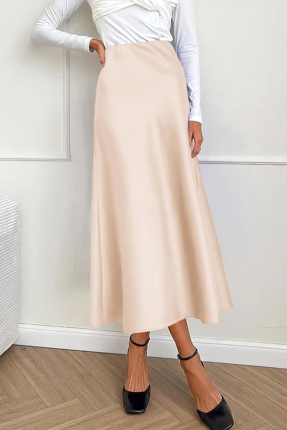imagePRETTYGARDEN Womens Satin Skirts Dressy Casual 2025 Fall High Waisted Cocktail Wedding Flowy Elegant A Line Midi SkirtBeige
