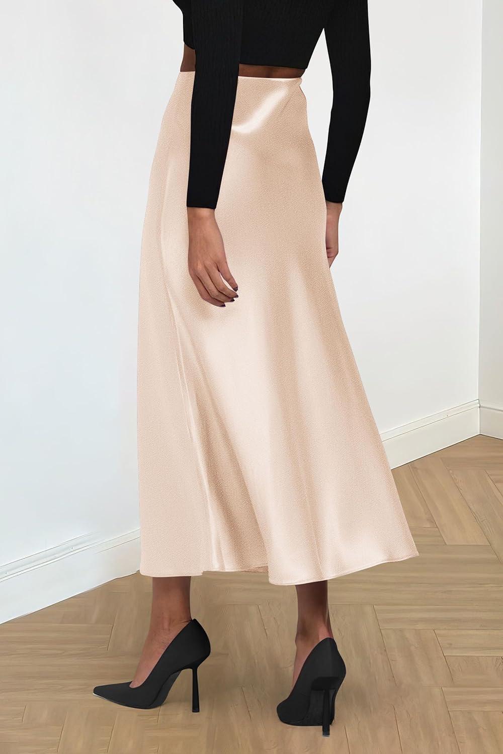imagePRETTYGARDEN Womens Satin Skirts Dressy Casual 2025 Fall High Waisted Cocktail Wedding Flowy Elegant A Line Midi SkirtBeige