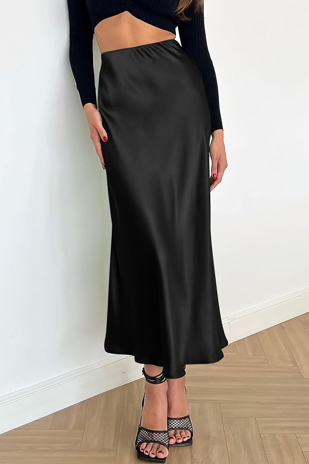 imagePRETTYGARDEN Womens Satin Skirts Dressy Casual 2025 Fall High Waisted Cocktail Wedding Flowy Elegant A Line Midi SkirtBlack
