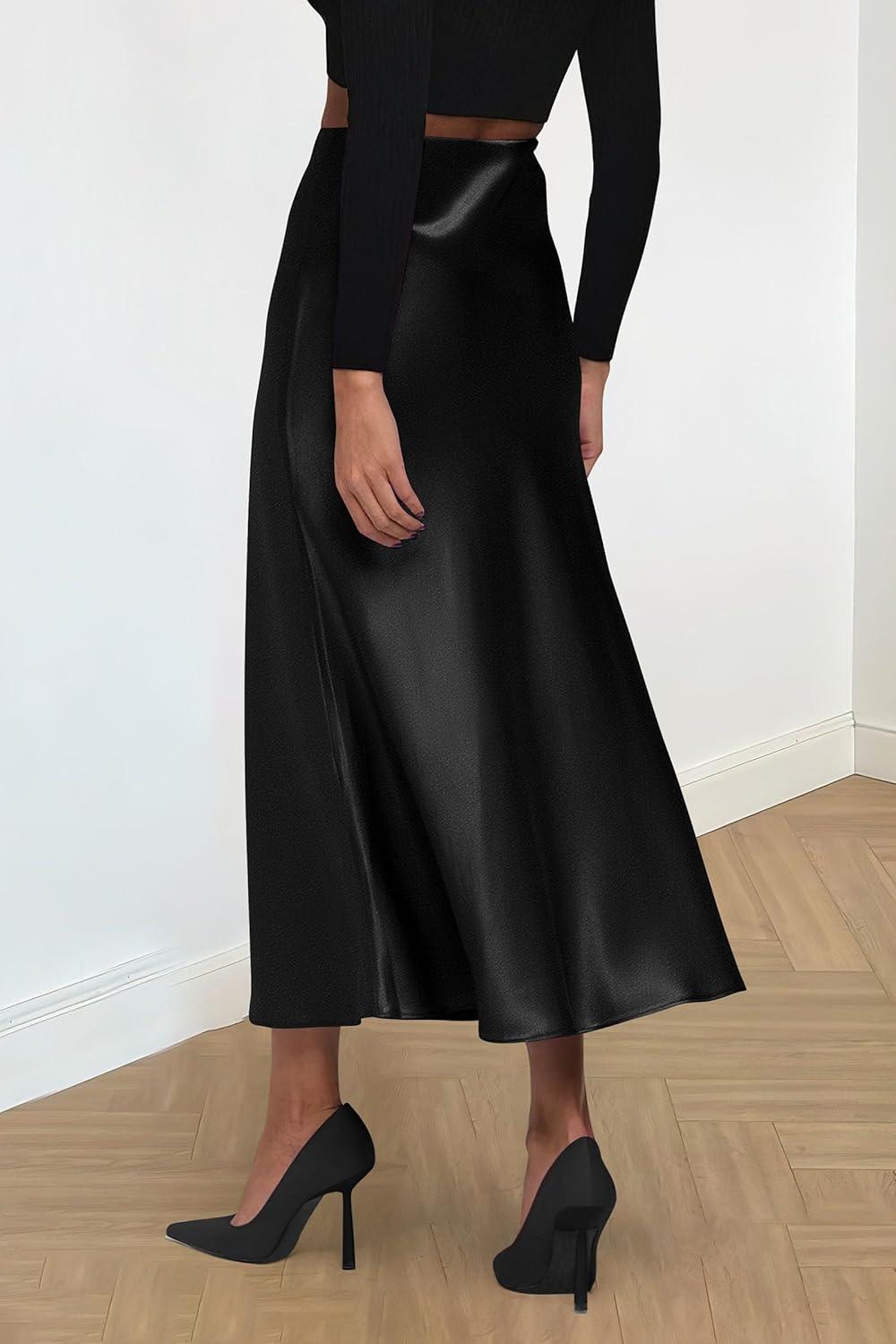 imagePRETTYGARDEN Womens Satin Skirts Dressy Casual 2025 Fall High Waisted Cocktail Wedding Flowy Elegant A Line Midi SkirtBlack