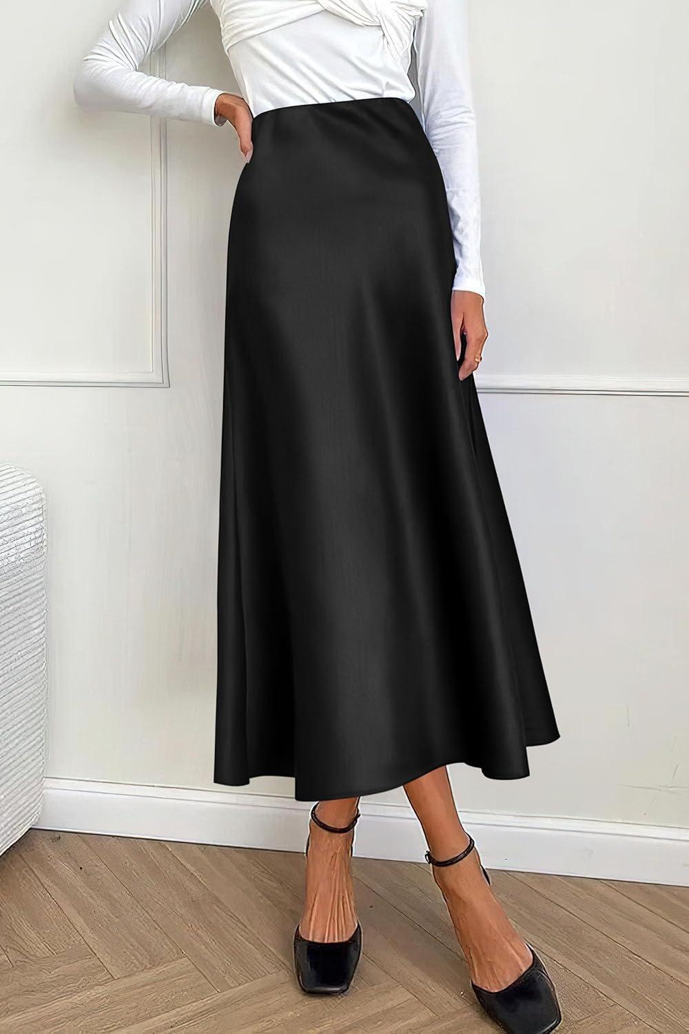 imagePRETTYGARDEN Womens Satin Skirts Dressy Casual 2025 Fall High Waisted Cocktail Wedding Flowy Elegant A Line Midi SkirtBlack
