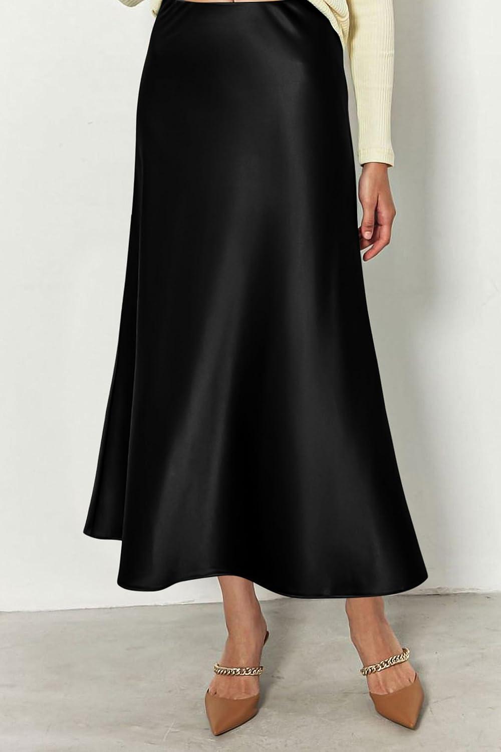 imagePRETTYGARDEN Womens Satin Skirts Dressy Casual 2025 Fall High Waisted Cocktail Wedding Flowy Elegant A Line Midi SkirtBlack