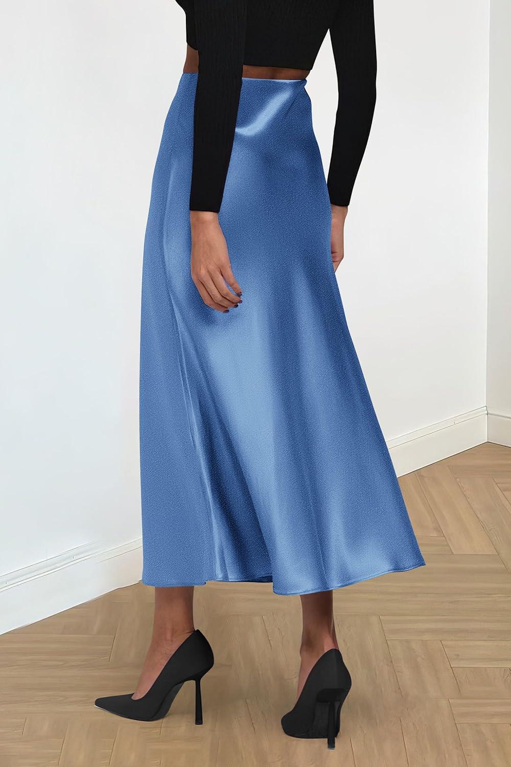imagePRETTYGARDEN Womens Satin Skirts Dressy Casual 2025 Fall High Waisted Cocktail Wedding Flowy Elegant A Line Midi SkirtBlue