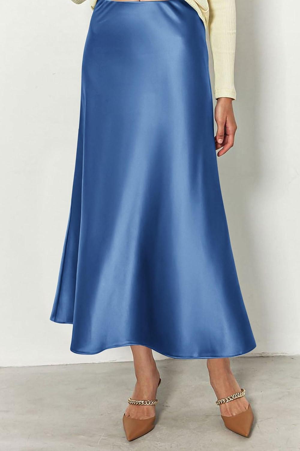 imagePRETTYGARDEN Womens Satin Skirts Dressy Casual 2025 Fall High Waisted Cocktail Wedding Flowy Elegant A Line Midi SkirtBlue