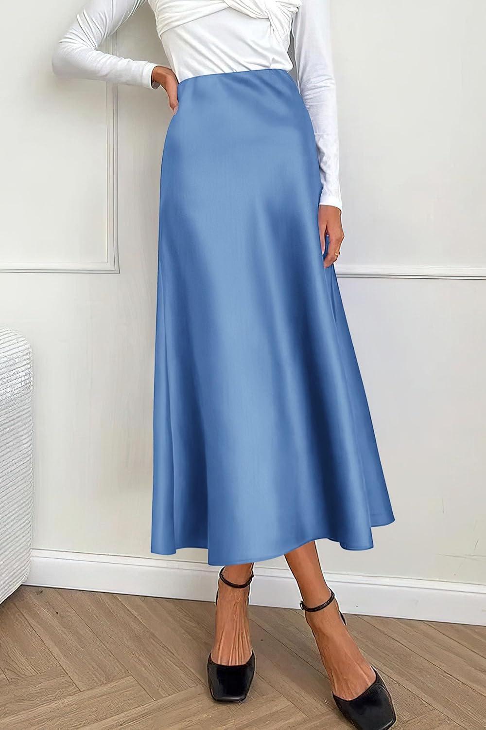 imagePRETTYGARDEN Womens Satin Skirts Dressy Casual 2025 Fall High Waisted Cocktail Wedding Flowy Elegant A Line Midi SkirtBlue