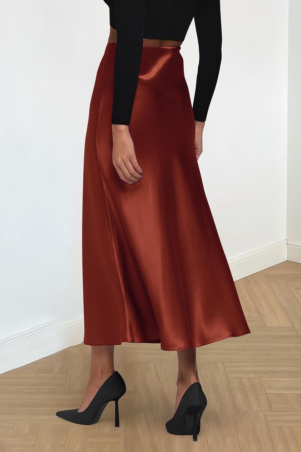imagePRETTYGARDEN Womens Satin Skirts Dressy Casual 2025 Fall High Waisted Cocktail Wedding Flowy Elegant A Line Midi SkirtBrown