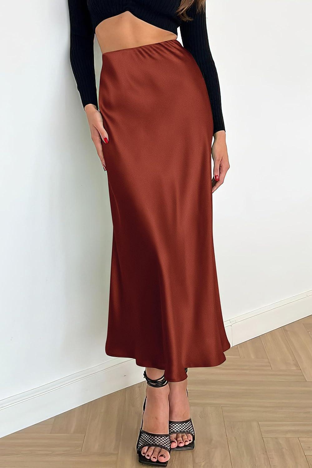 imagePRETTYGARDEN Womens Satin Skirts Dressy Casual 2025 Fall High Waisted Cocktail Wedding Flowy Elegant A Line Midi SkirtBrown