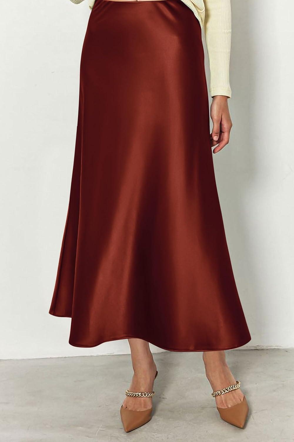 imagePRETTYGARDEN Womens Satin Skirts Dressy Casual 2025 Fall High Waisted Cocktail Wedding Flowy Elegant A Line Midi SkirtBrown