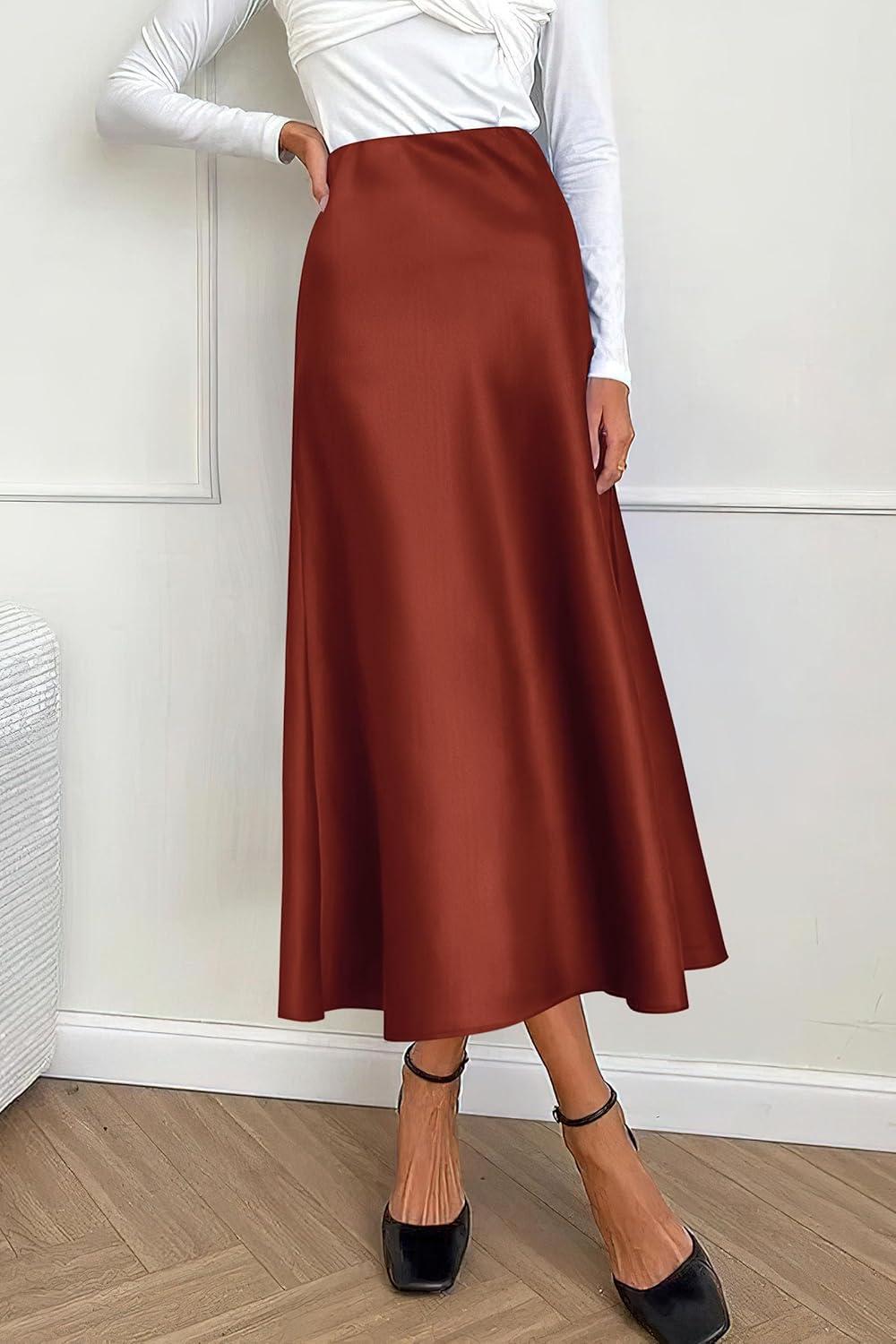 imagePRETTYGARDEN Womens Satin Skirts Dressy Casual 2025 Fall High Waisted Cocktail Wedding Flowy Elegant A Line Midi SkirtBrown