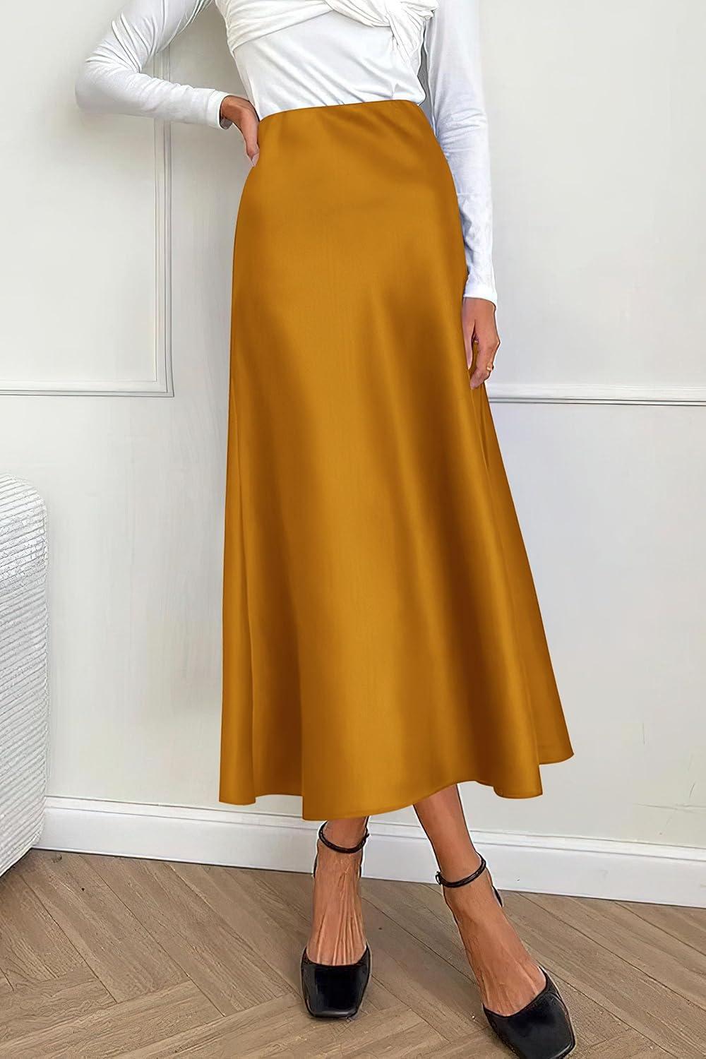 imagePRETTYGARDEN Womens Satin Skirts Dressy Casual 2025 Fall High Waisted Cocktail Wedding Flowy Elegant A Line Midi SkirtBrown Yellow