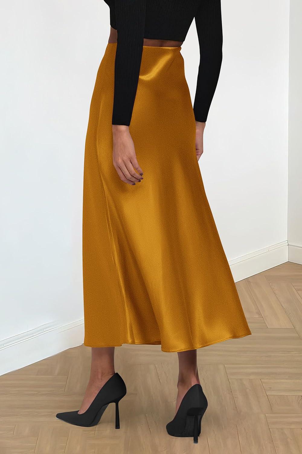 imagePRETTYGARDEN Womens Satin Skirts Dressy Casual 2025 Fall High Waisted Cocktail Wedding Flowy Elegant A Line Midi SkirtBrown Yellow