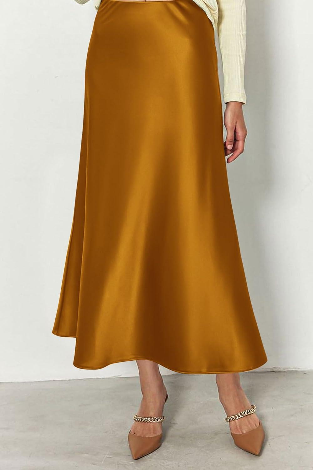 imagePRETTYGARDEN Womens Satin Skirts Dressy Casual 2025 Fall High Waisted Cocktail Wedding Flowy Elegant A Line Midi SkirtBrown Yellow