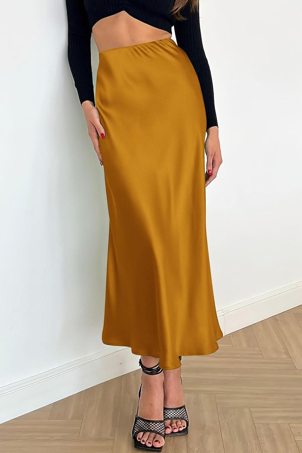 imagePRETTYGARDEN Womens Satin Skirts Dressy Casual 2025 Fall High Waisted Cocktail Wedding Flowy Elegant A Line Midi SkirtBrown Yellow