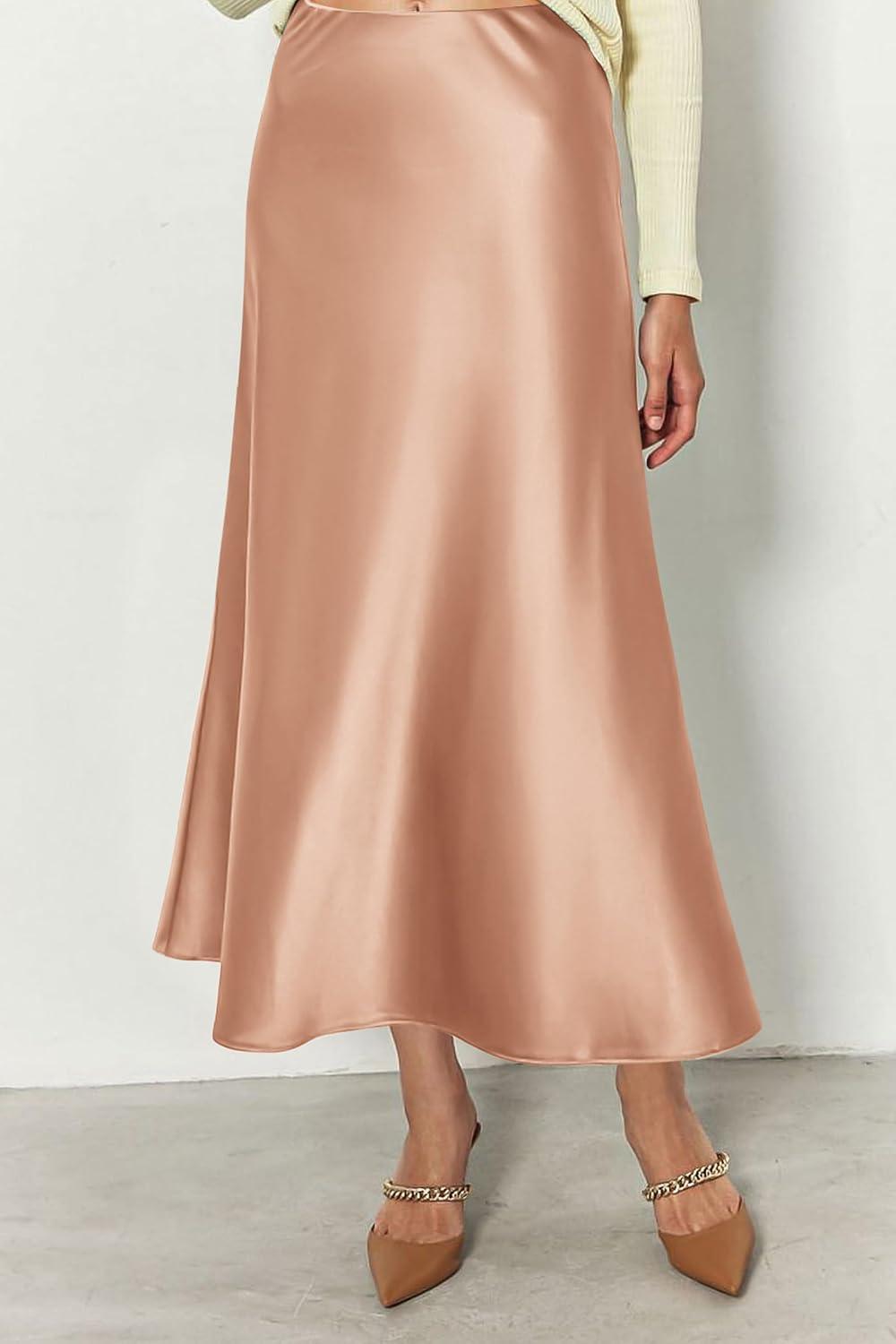 imagePRETTYGARDEN Womens Satin Skirts Dressy Casual 2025 Fall High Waisted Cocktail Wedding Flowy Elegant A Line Midi SkirtChampagne