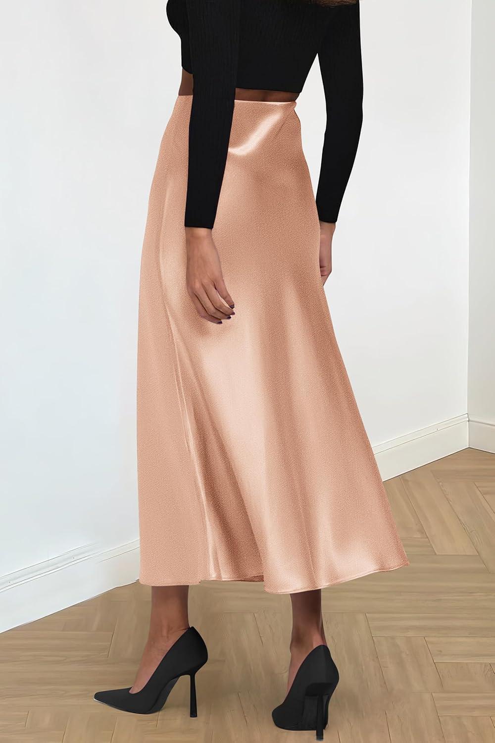 imagePRETTYGARDEN Womens Satin Skirts Dressy Casual 2025 Fall High Waisted Cocktail Wedding Flowy Elegant A Line Midi SkirtChampagne