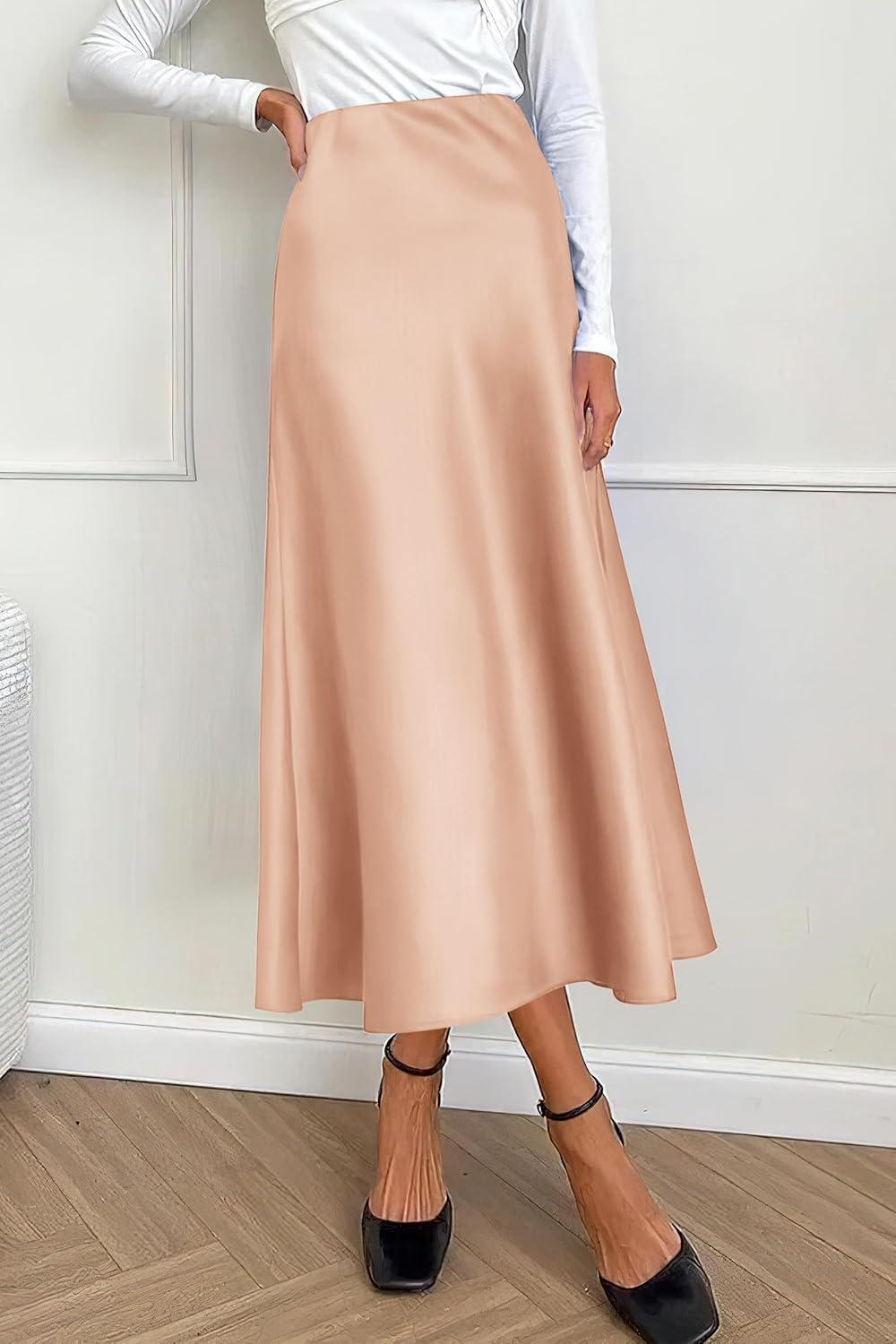 imagePRETTYGARDEN Womens Satin Skirts Dressy Casual 2025 Fall High Waisted Cocktail Wedding Flowy Elegant A Line Midi SkirtChampagne