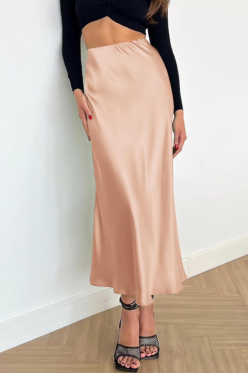 imagePRETTYGARDEN Womens Satin Skirts Dressy Casual 2025 Fall High Waisted Cocktail Wedding Flowy Elegant A Line Midi SkirtChampagne