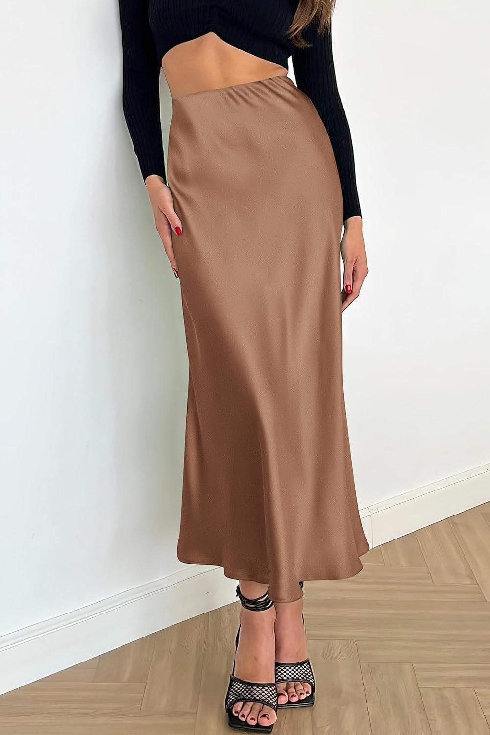 imagePRETTYGARDEN Womens Satin Skirts Dressy Casual 2025 Fall High Waisted Cocktail Wedding Flowy Elegant A Line Midi SkirtCoffee