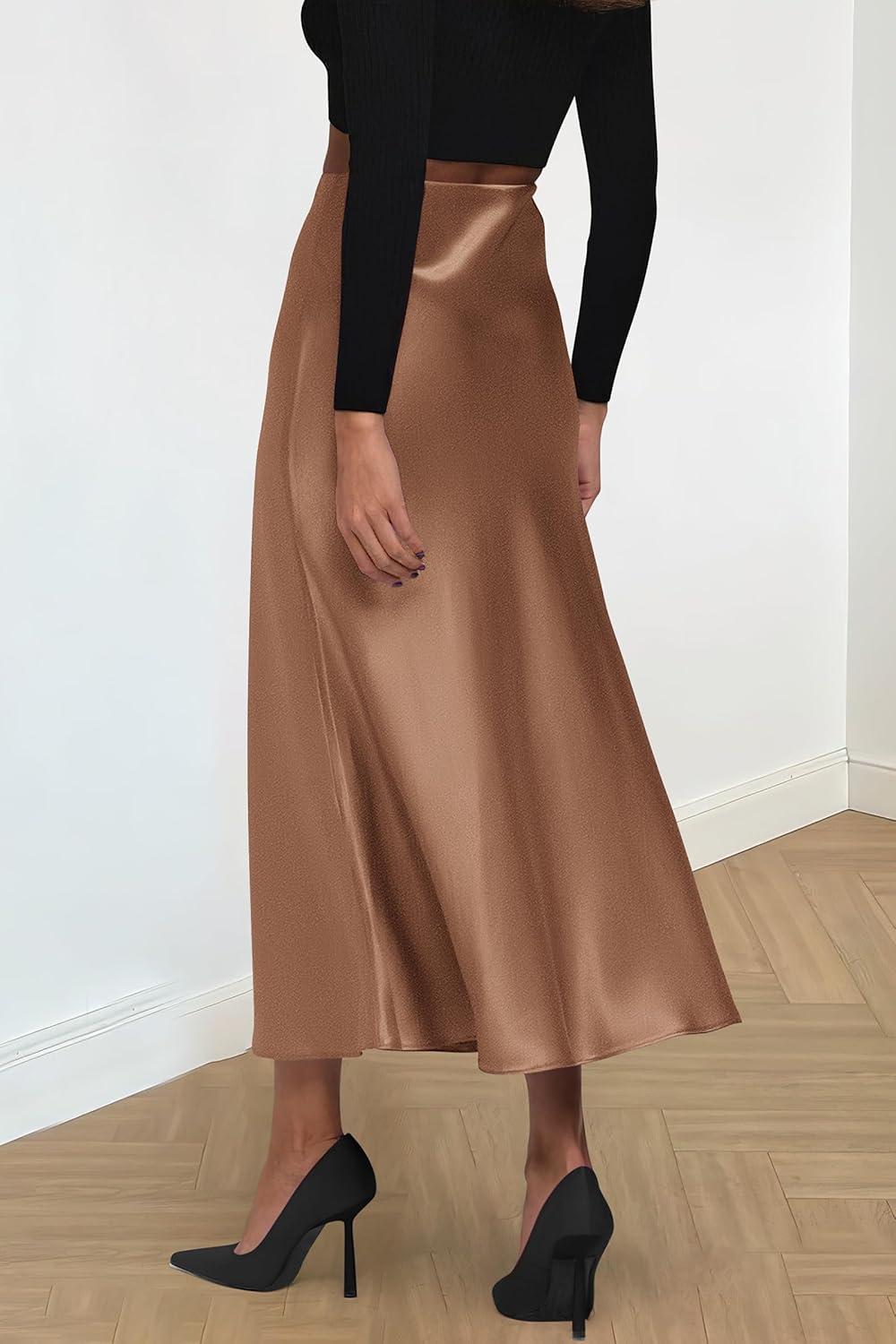imagePRETTYGARDEN Womens Satin Skirts Dressy Casual 2025 Fall High Waisted Cocktail Wedding Flowy Elegant A Line Midi SkirtCoffee