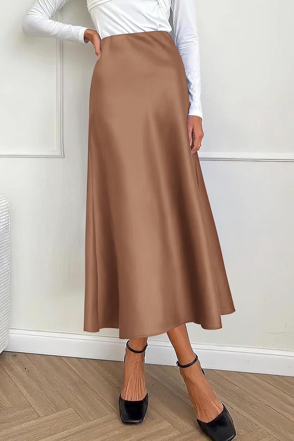 imagePRETTYGARDEN Womens Satin Skirts Dressy Casual 2025 Fall High Waisted Cocktail Wedding Flowy Elegant A Line Midi SkirtCoffee