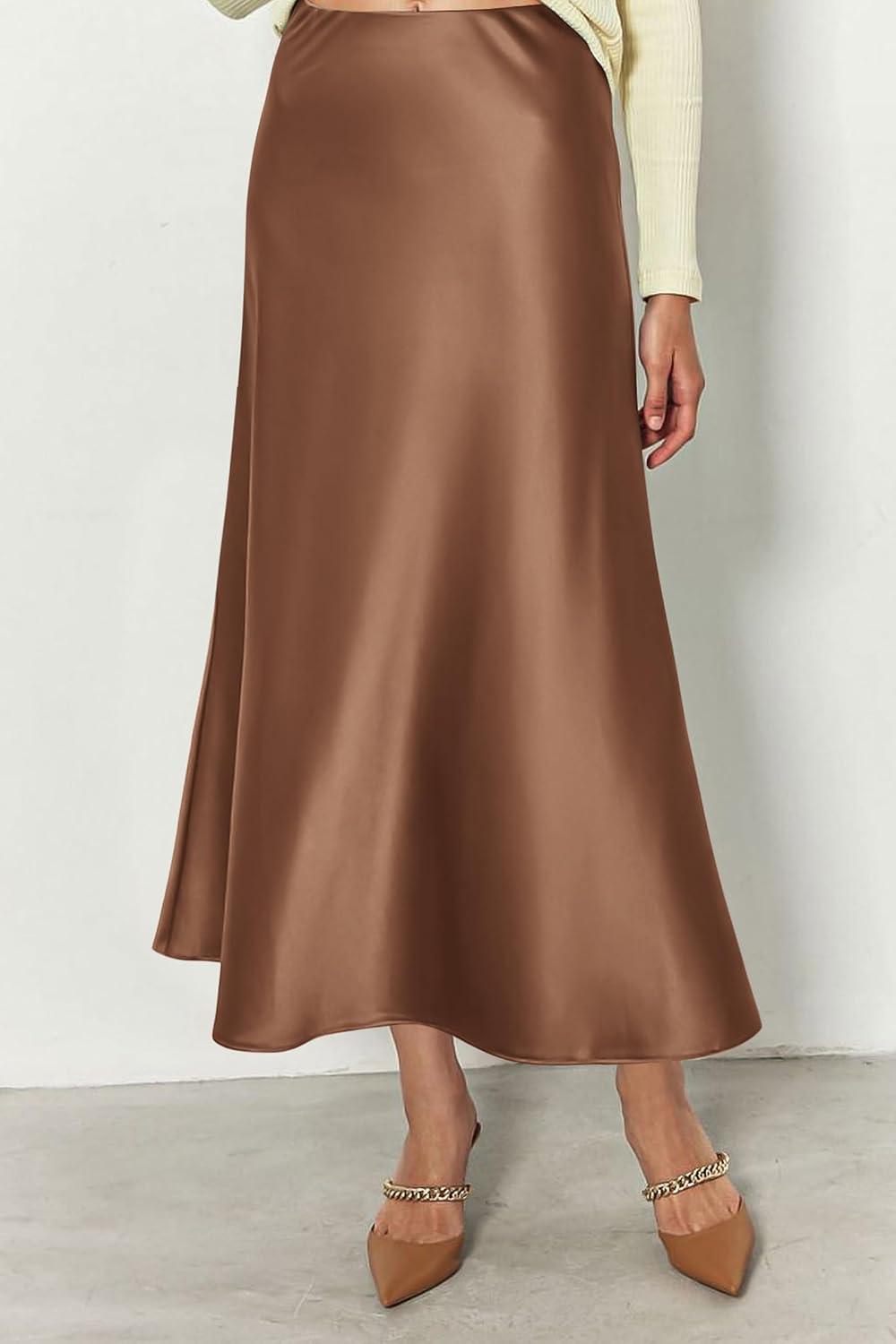 imagePRETTYGARDEN Womens Satin Skirts Dressy Casual 2025 Fall High Waisted Cocktail Wedding Flowy Elegant A Line Midi SkirtCoffee