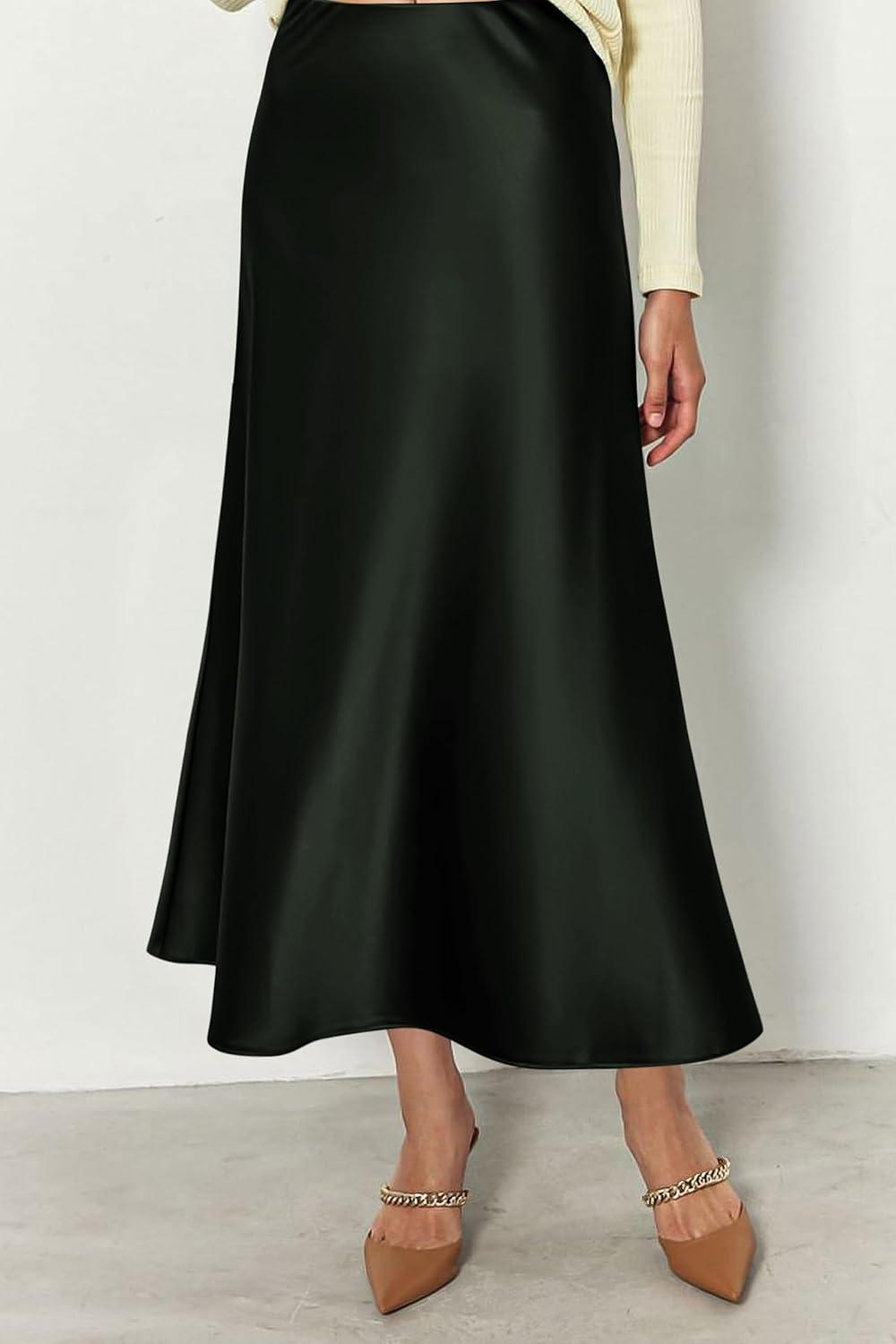 imagePRETTYGARDEN Womens Satin Skirts Dressy Casual 2025 Fall High Waisted Cocktail Wedding Flowy Elegant A Line Midi SkirtDark Army Green