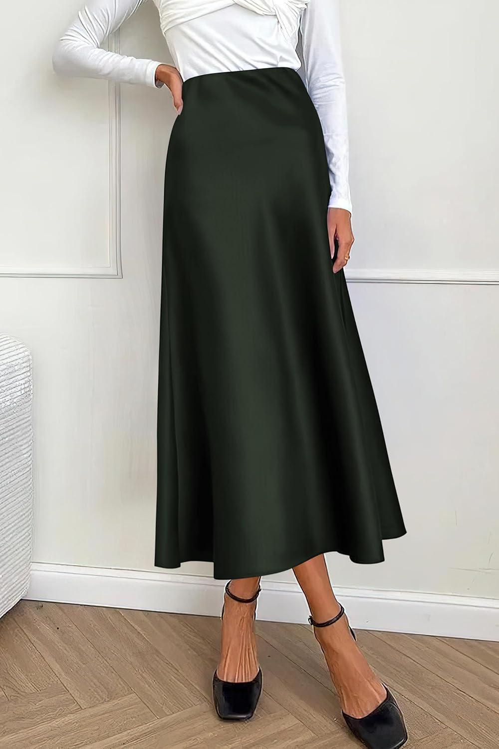 imagePRETTYGARDEN Womens Satin Skirts Dressy Casual 2025 Fall High Waisted Cocktail Wedding Flowy Elegant A Line Midi SkirtDark Army Green