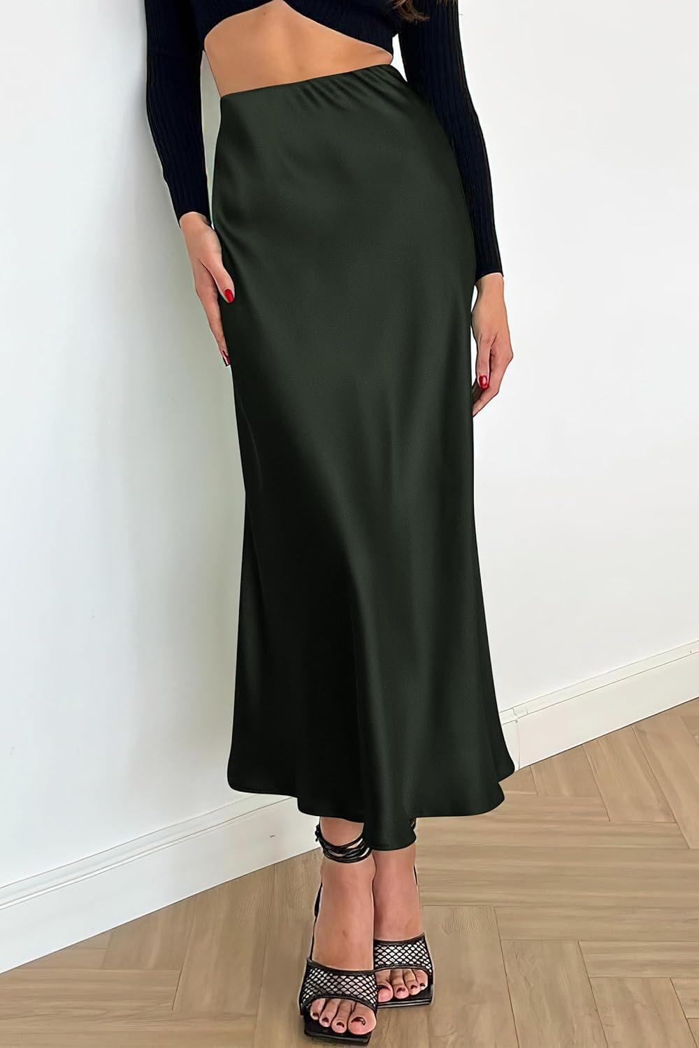 imagePRETTYGARDEN Womens Satin Skirts Dressy Casual 2025 Fall High Waisted Cocktail Wedding Flowy Elegant A Line Midi SkirtDark Army Green