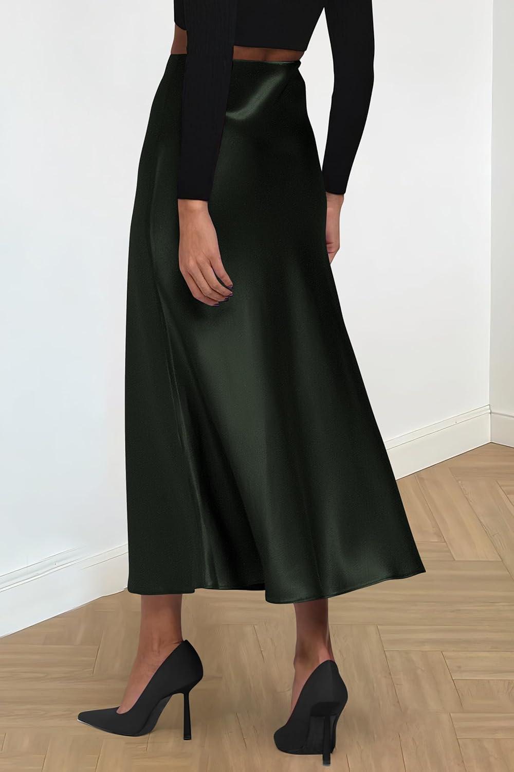 imagePRETTYGARDEN Womens Satin Skirts Dressy Casual 2025 Fall High Waisted Cocktail Wedding Flowy Elegant A Line Midi SkirtDark Army Green