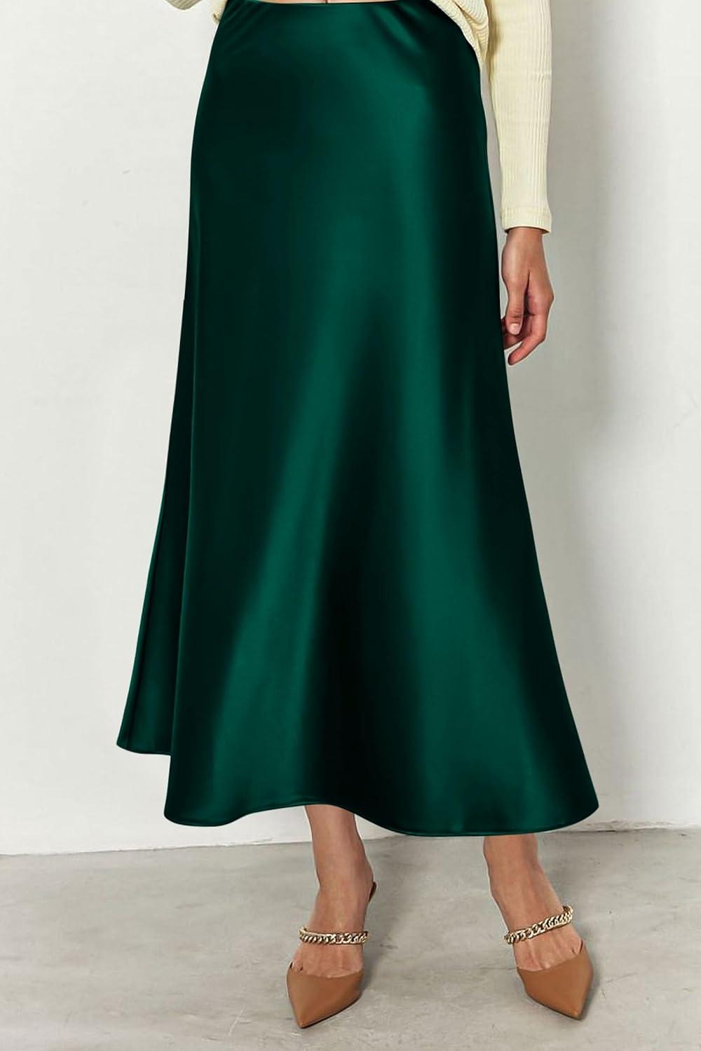 imagePRETTYGARDEN Womens Satin Skirts Dressy Casual 2025 Fall High Waisted Cocktail Wedding Flowy Elegant A Line Midi SkirtDark Green