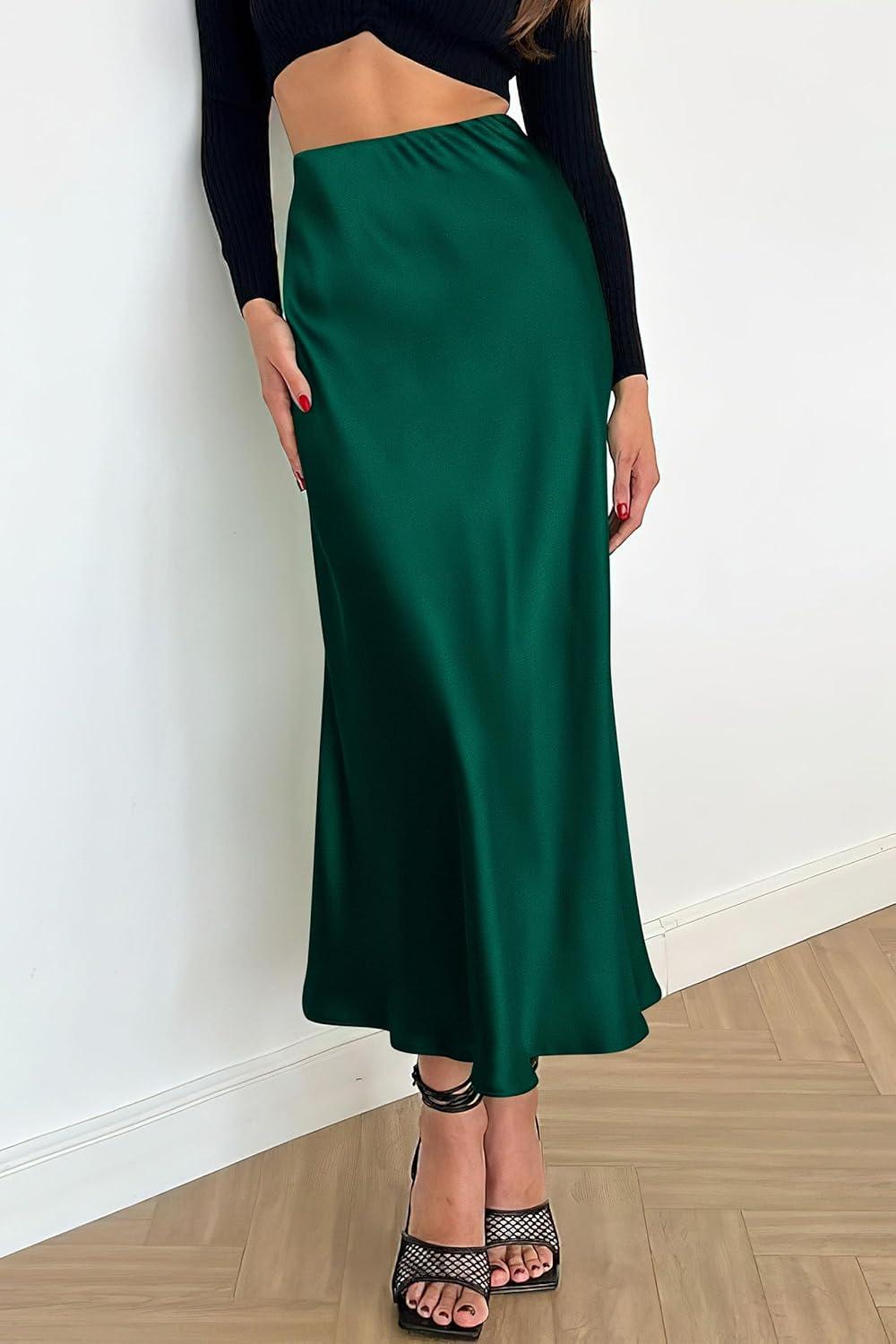imagePRETTYGARDEN Womens Satin Skirts Dressy Casual 2025 Fall High Waisted Cocktail Wedding Flowy Elegant A Line Midi SkirtDark Green