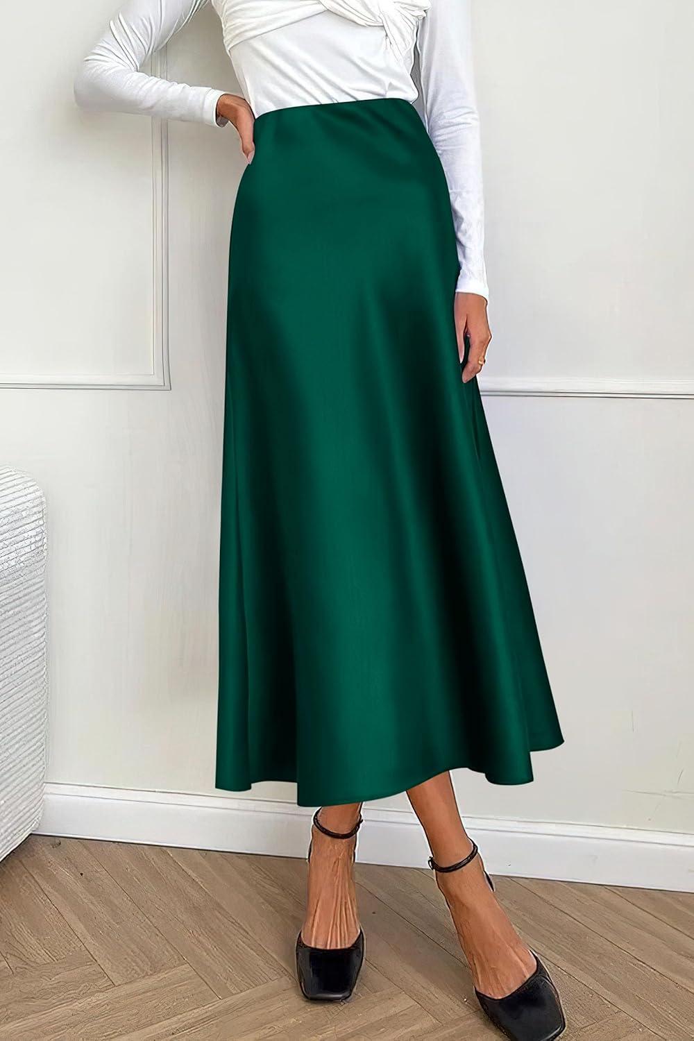 imagePRETTYGARDEN Womens Satin Skirts Dressy Casual 2025 Fall High Waisted Cocktail Wedding Flowy Elegant A Line Midi SkirtDark Green
