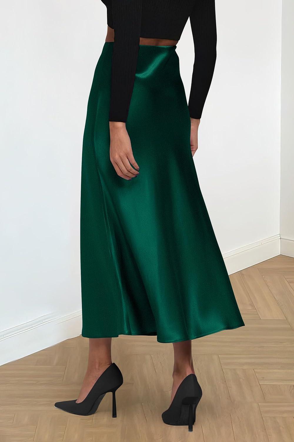 imagePRETTYGARDEN Womens Satin Skirts Dressy Casual 2025 Fall High Waisted Cocktail Wedding Flowy Elegant A Line Midi SkirtDark Green
