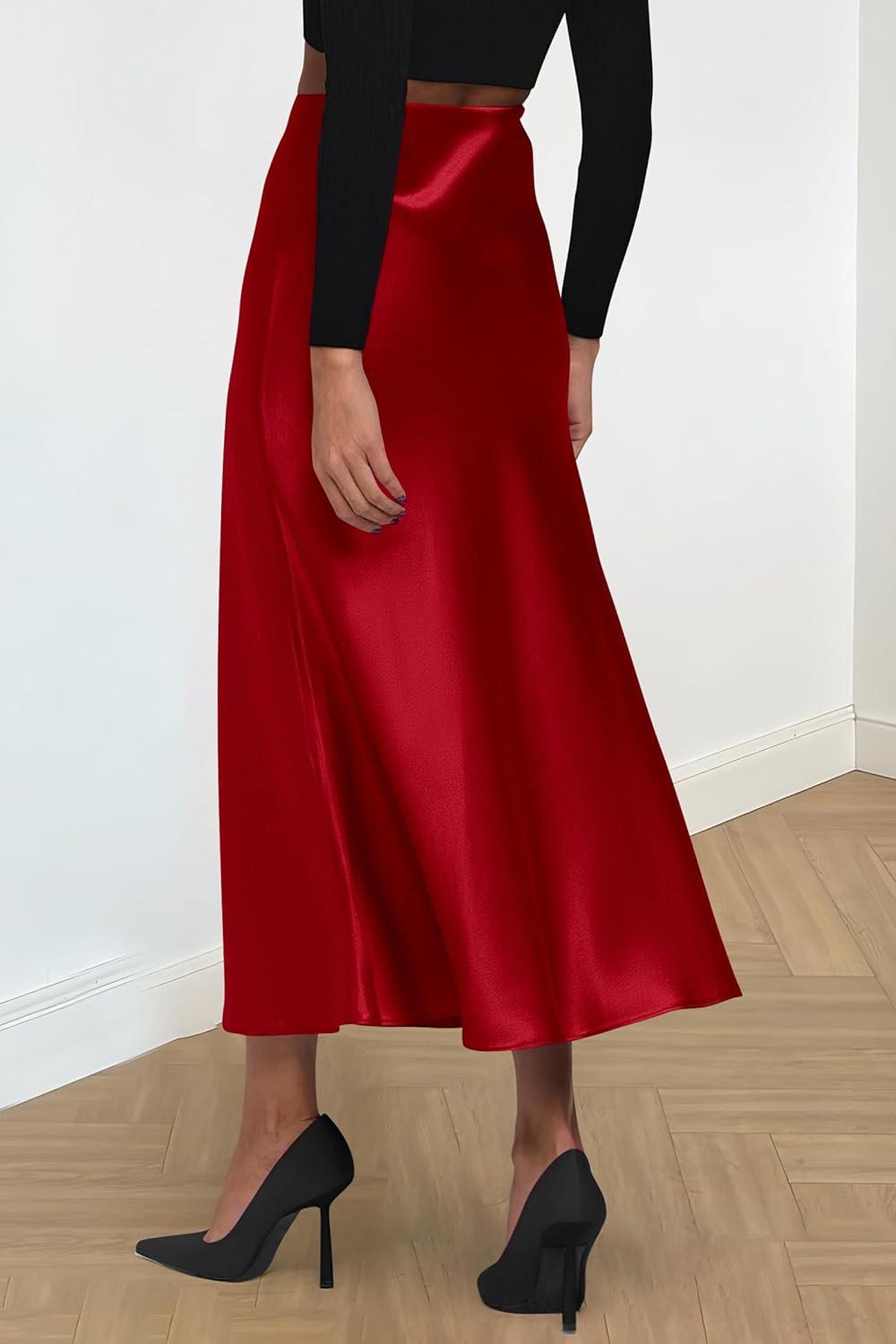 imagePRETTYGARDEN Womens Satin Skirts Dressy Casual 2025 Fall High Waisted Cocktail Wedding Flowy Elegant A Line Midi SkirtDark Red